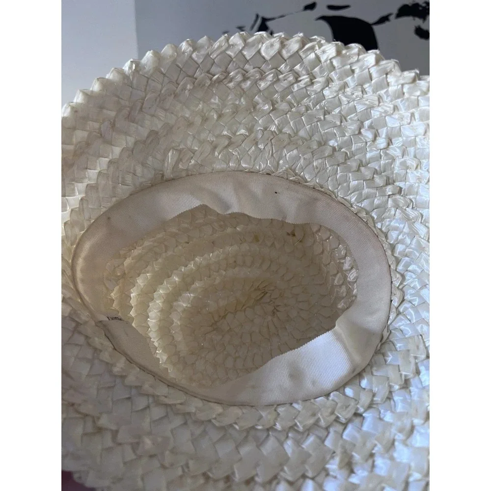 Vintage White Woven Straw Cloche Hat Grosgrain‎ Ribbon Bow Wedding Garden Party